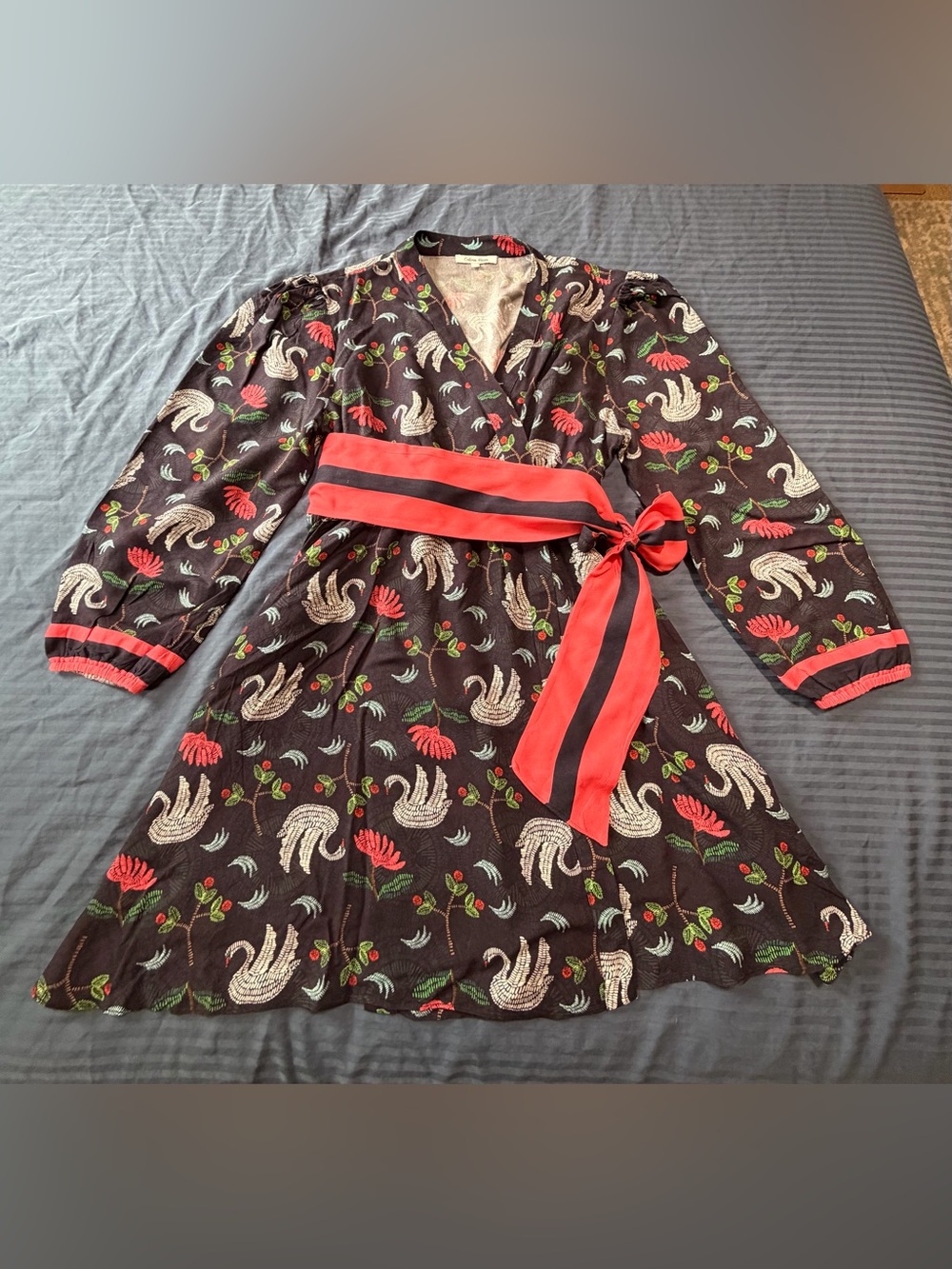CELINA MOON Black Floral Wrap Dress with Red Sash - Women’s Large